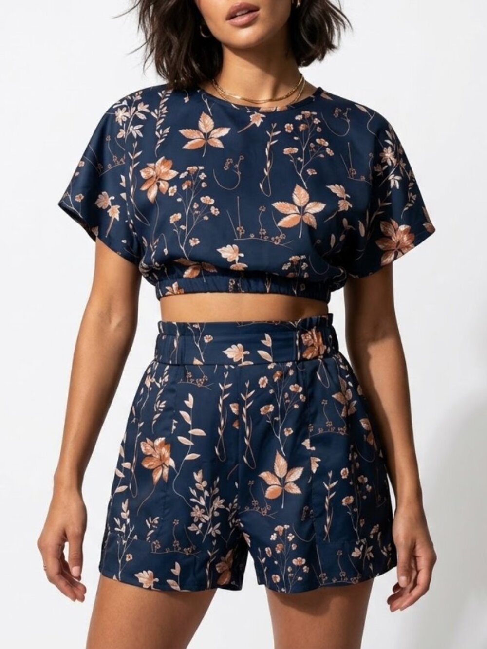 SHEIN Navy Botanical Crop Top Shorts Two Piece Set Cottagecore Floral Matching S